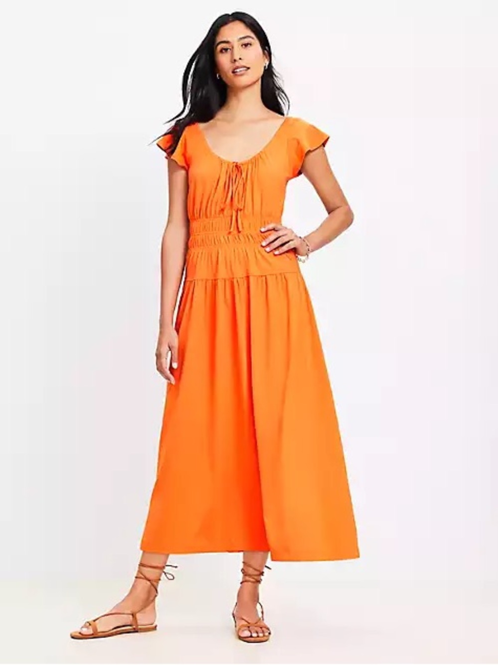 LOFT Bright Orange Smocked Midi Dress